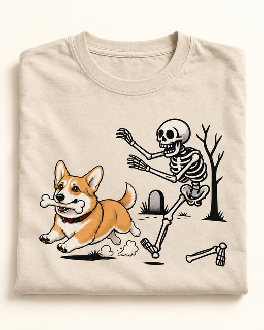 Dog Plays With Skeleton β Sand T-shirt | Light youth studio f849dcfcaf34