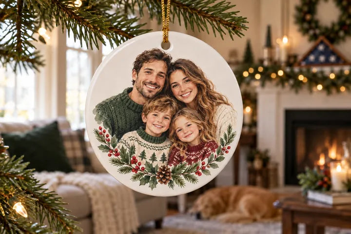 A family portrait on a round Ceramic ornament hanging on a Christmas tree
