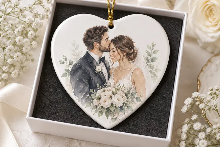 Ceramic heart with a wedding portrait in a styled gift box