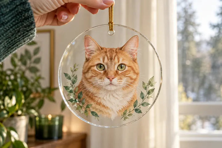 Clear round Glass ornament with a cat portrait
