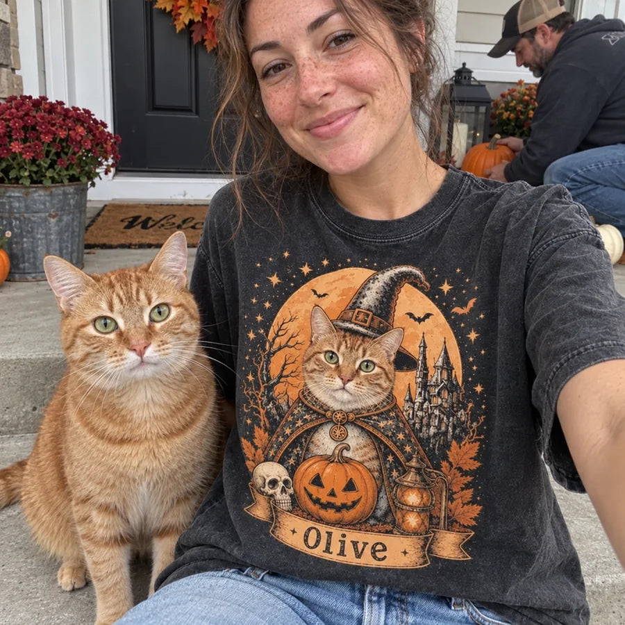 Witch tee personalized with orange tabby cat with green eyes, ribbon name Olive