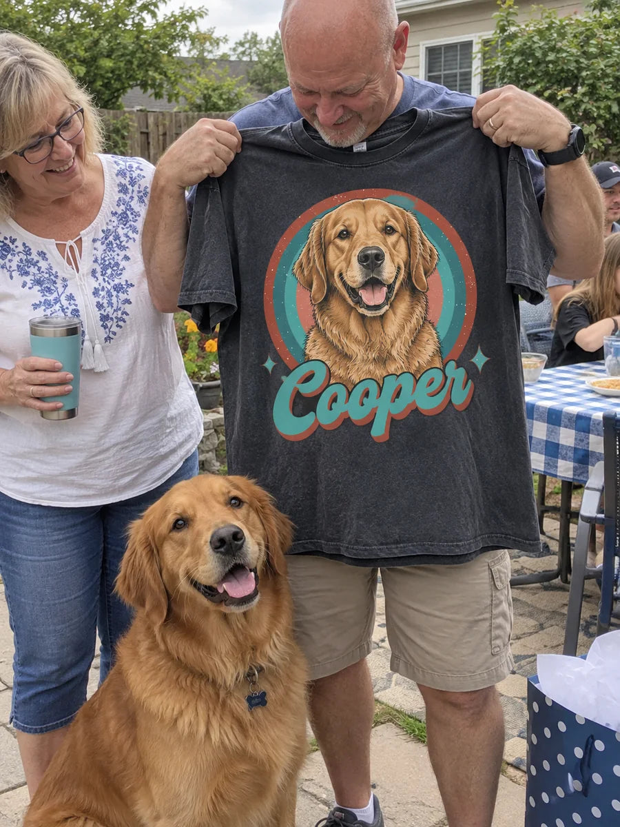 Vintage design personalized with a golden retriever with friendly dark eyes