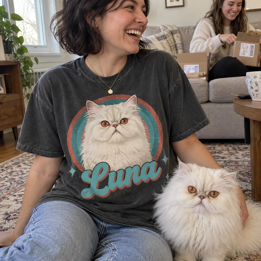 Vintage design personalized with a fluffy white Persian cat with copper eyes