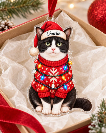 Personalized Pet Christmas Sweater and Lights Custom Shape Ornament