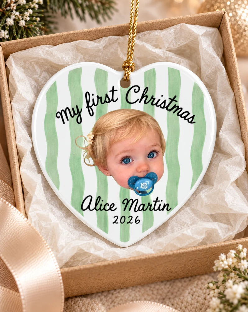 Custom Baby First Christmas Striped Ceramic Ornament