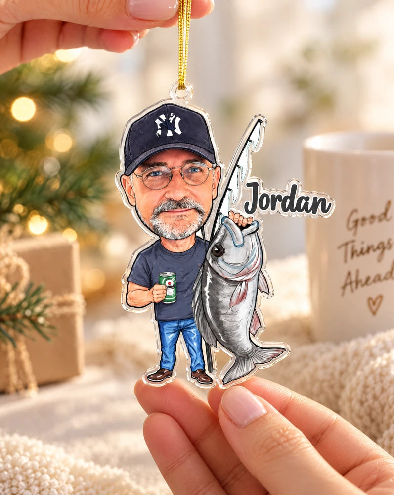 Custom Fisherman Caricature Ceramic Ornament