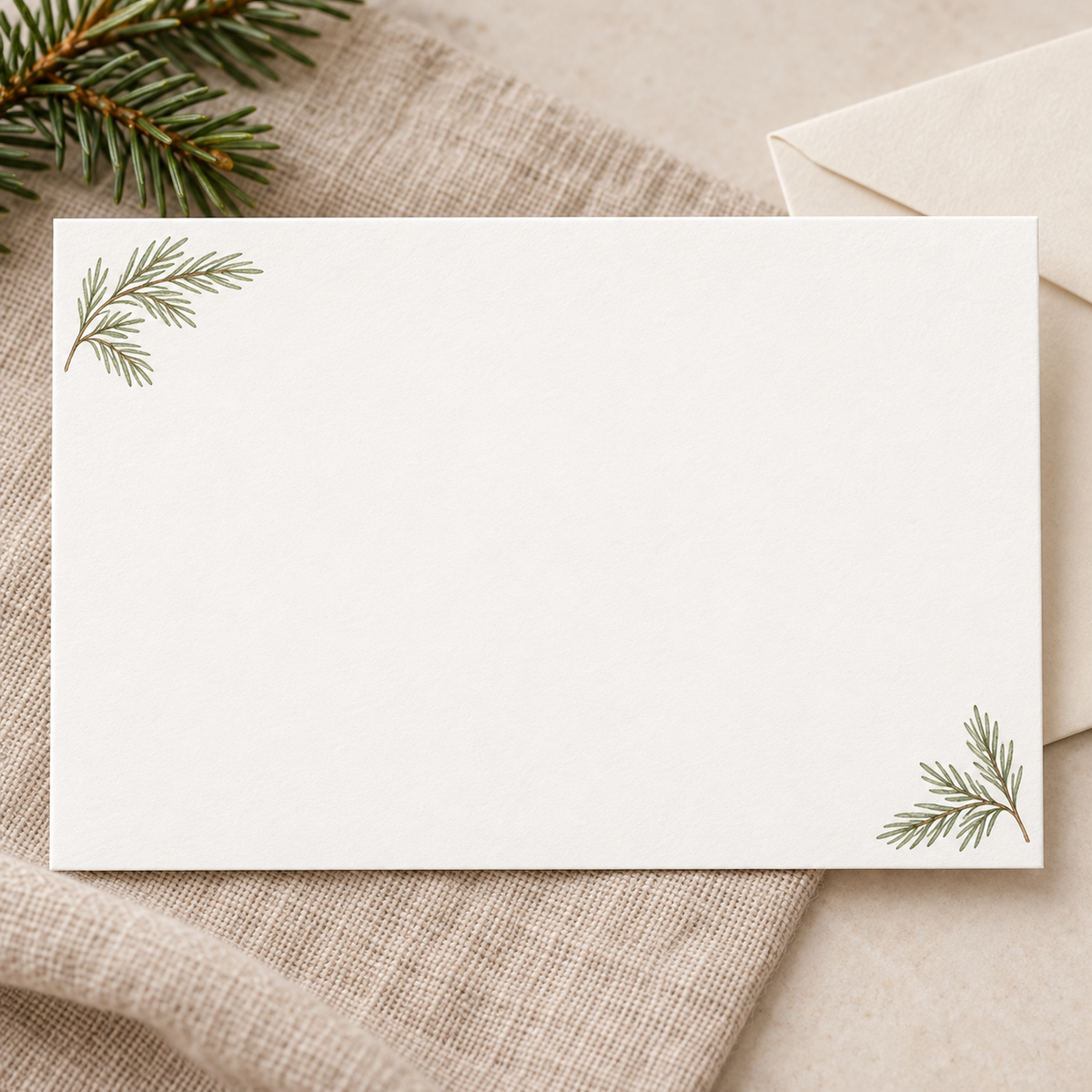 Minimal horizontal Christmas message card with a blank ivory center and small evergreen sprigs