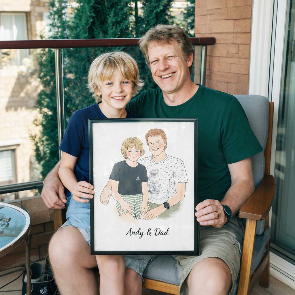 Father and son holding their personalized portrait