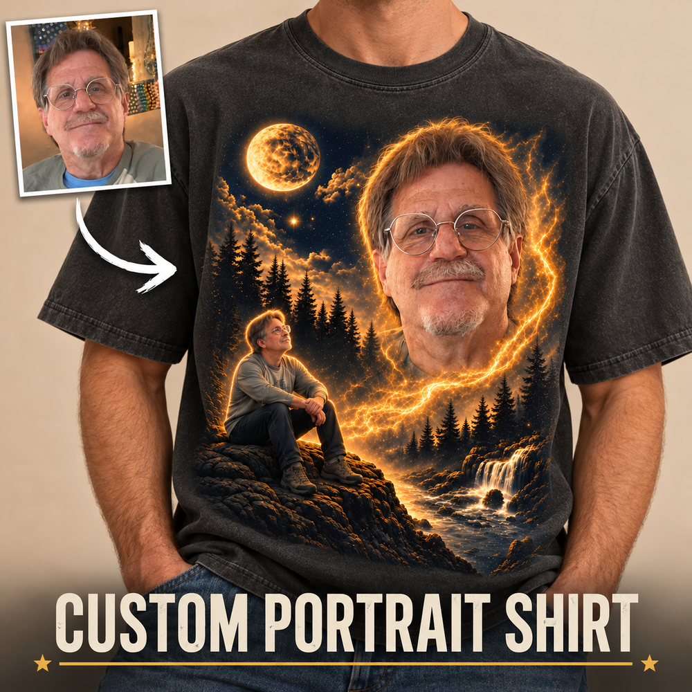 Moon Night Art custom portrait shirt worn by a male model