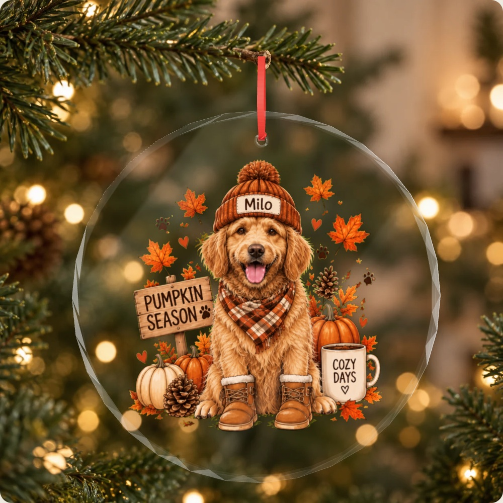 Custom Pet Photo Pumpkin Patch Glass Ornament — Test