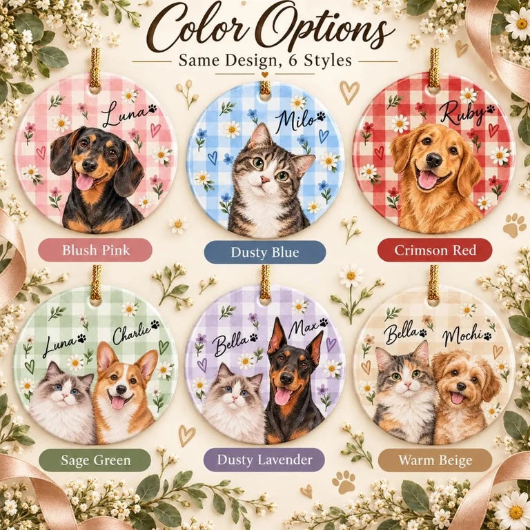 Custom Pet Portrait Gingham Ceramic Ornament