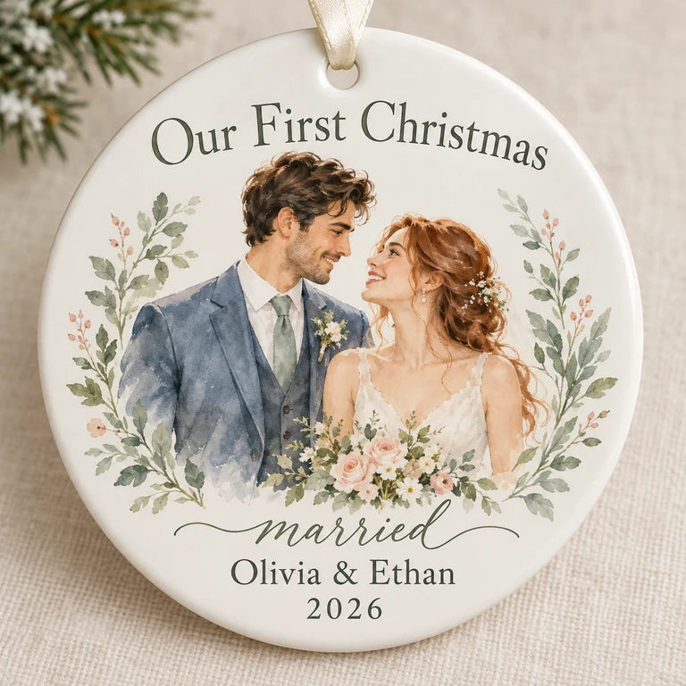 Watercolor Newlyweds First Christmas Ornament
