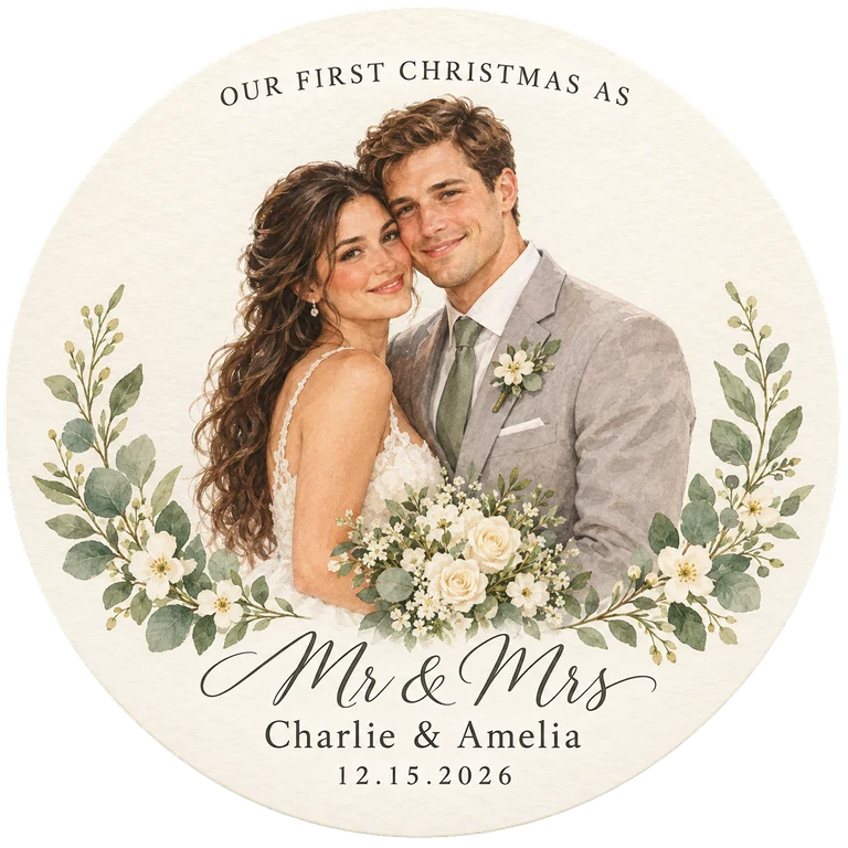 Personalized First Christmas Married Portrait Round Acrylic Ornament