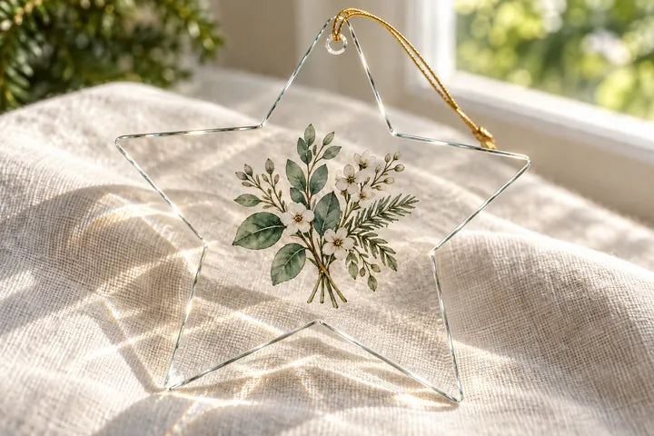 A thin star-shaped Glass ornament with a fine beveled edge and floral print