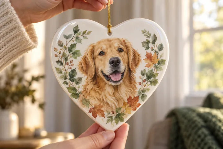 A heart-shaped Ceramic ornament held by its gold cord