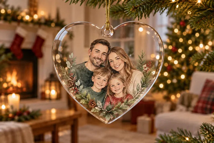 Glass heart ornament with a family portrait