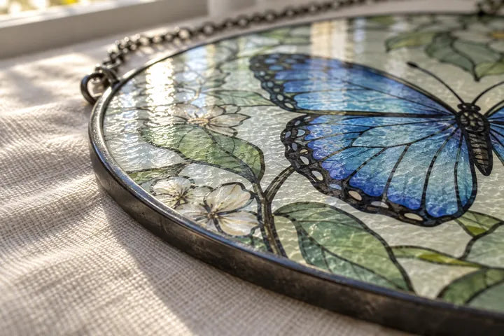 Low-angle close-up of Suncatcher glass and its slim metal rim