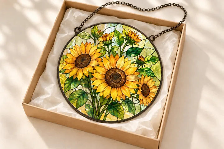 Sunflower Suncatcher in a simple gift box with its attached chain draped over the edge