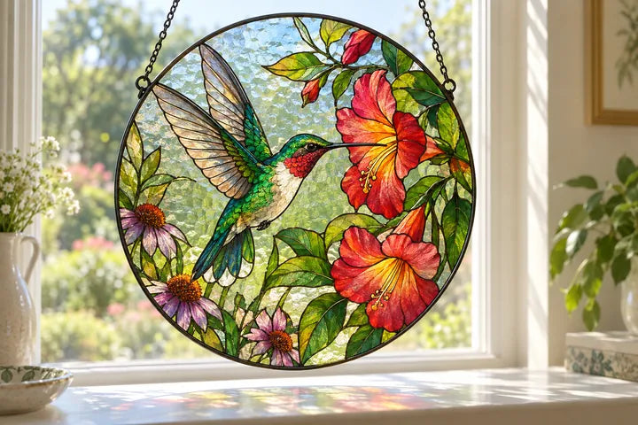 Round Suncatcher with a hummingbird and floral Design