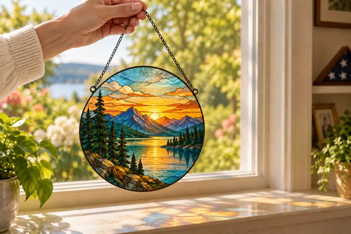 Mountain landscape Suncatcher held by its hanging chains