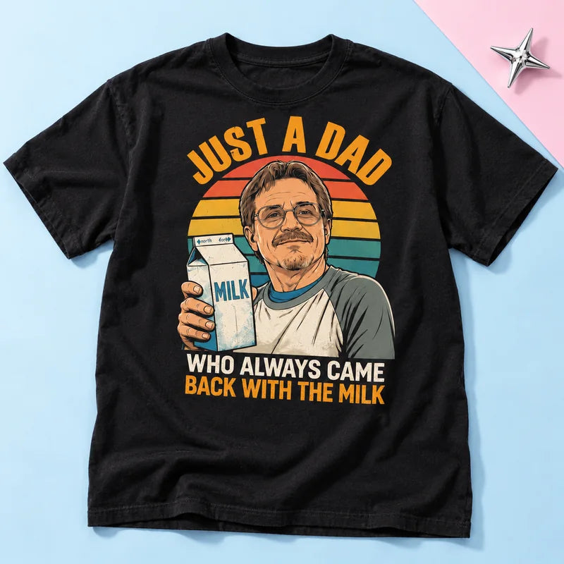 Dad Milk personalized T-shirt in a blue and pink studio flat lay