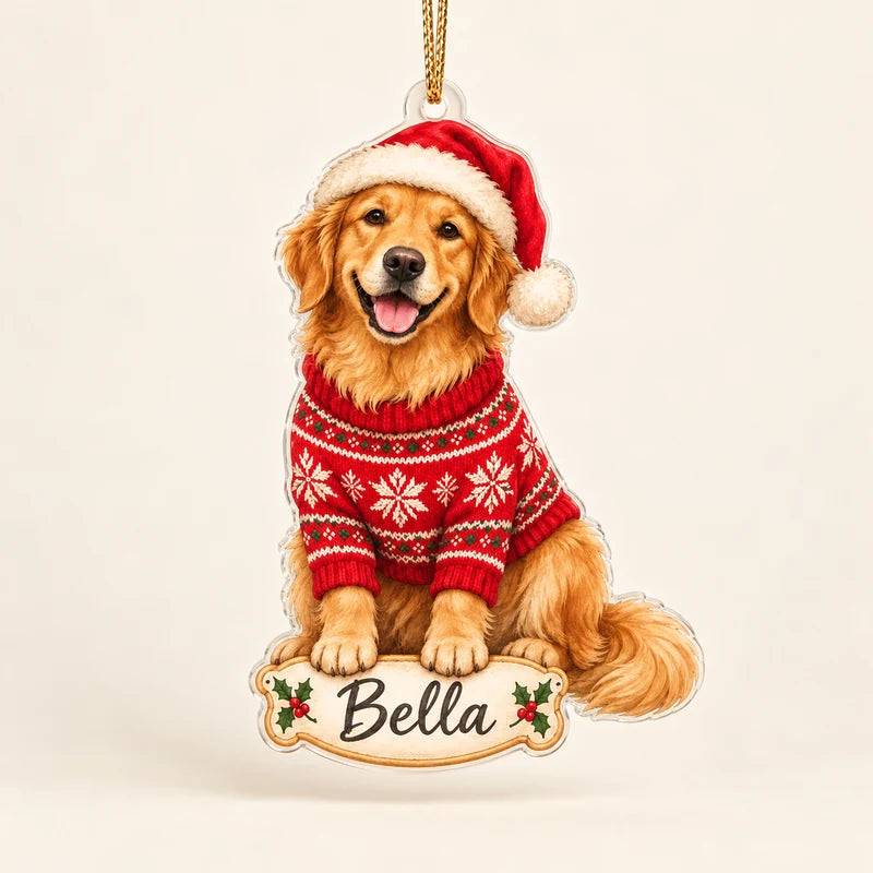 Custom shape acrylic Bella pet ornament against a minimal ivory background