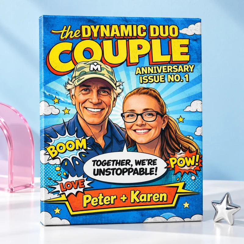 Dynamic Duo Couple personalized canvas in a bright studio setting