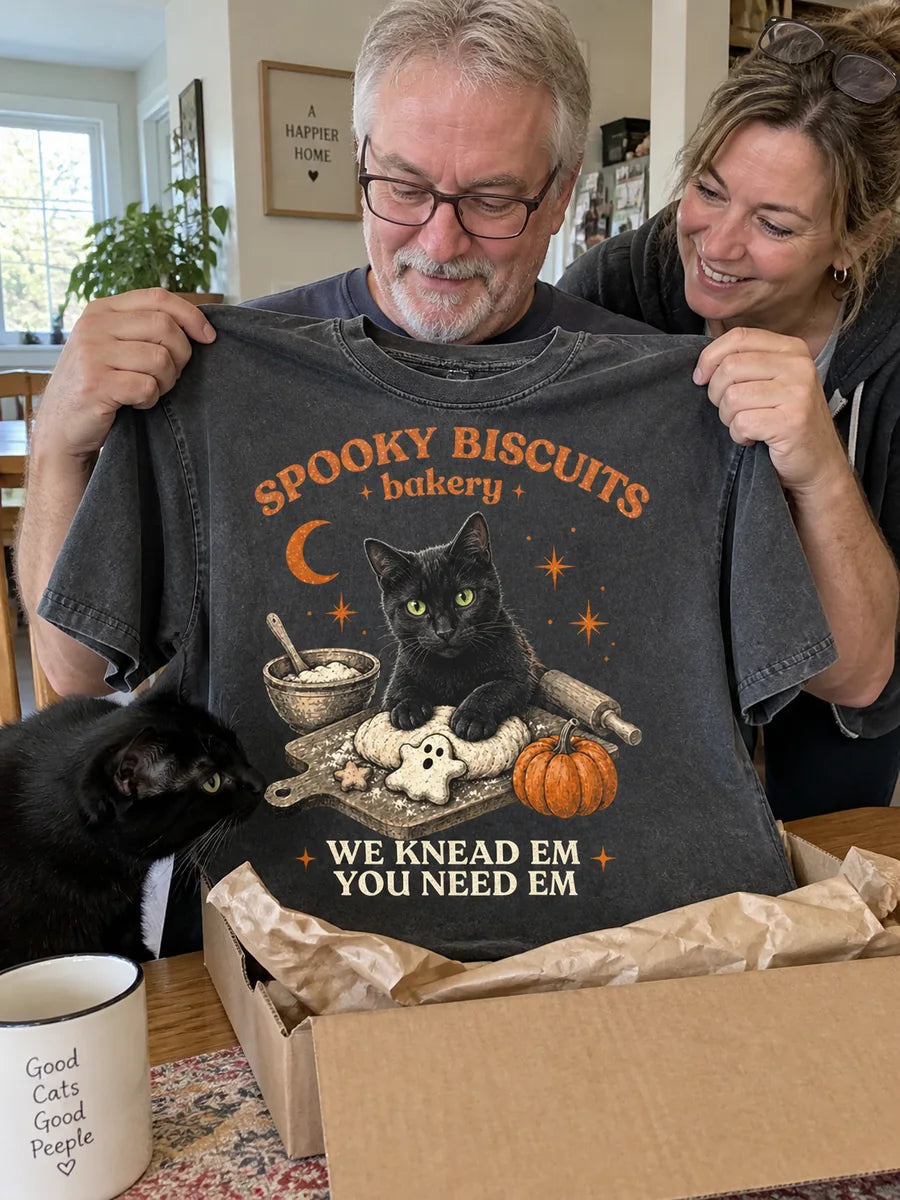Biscuits tee personalized with sleek solid black cat with green eyes