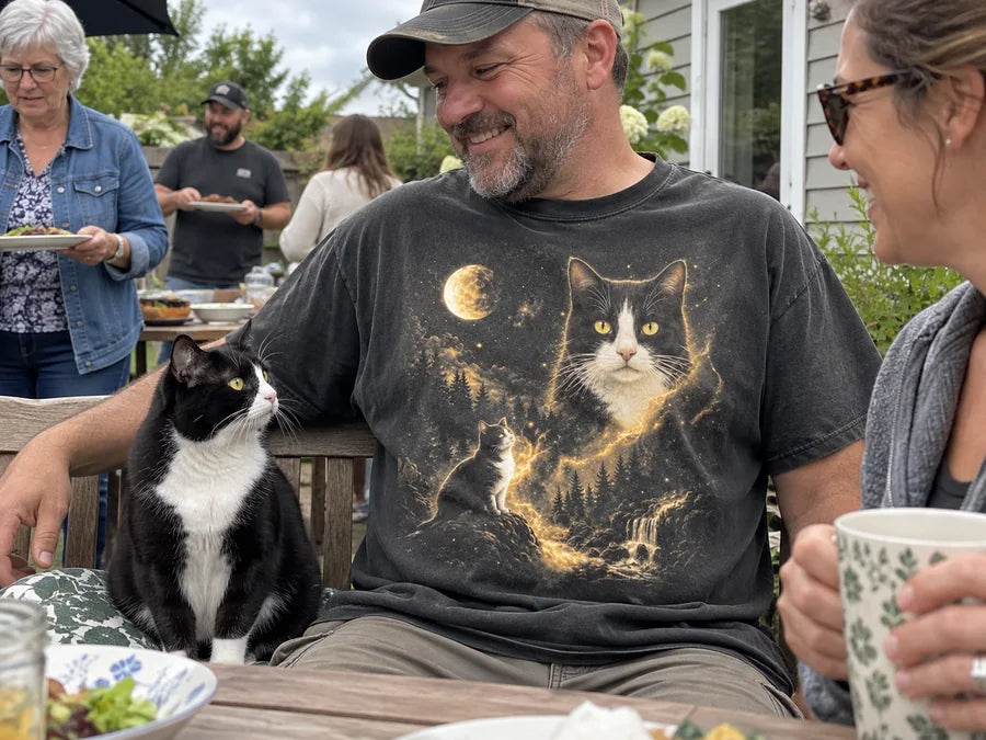 Spirit tee personalized with black-and-white tuxedo cat with yellow eyes
