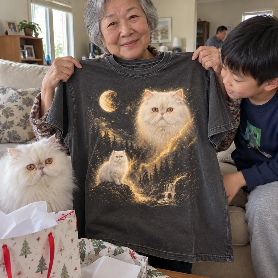 Spirit tee personalized with fluffy white Persian cat with copper eyes