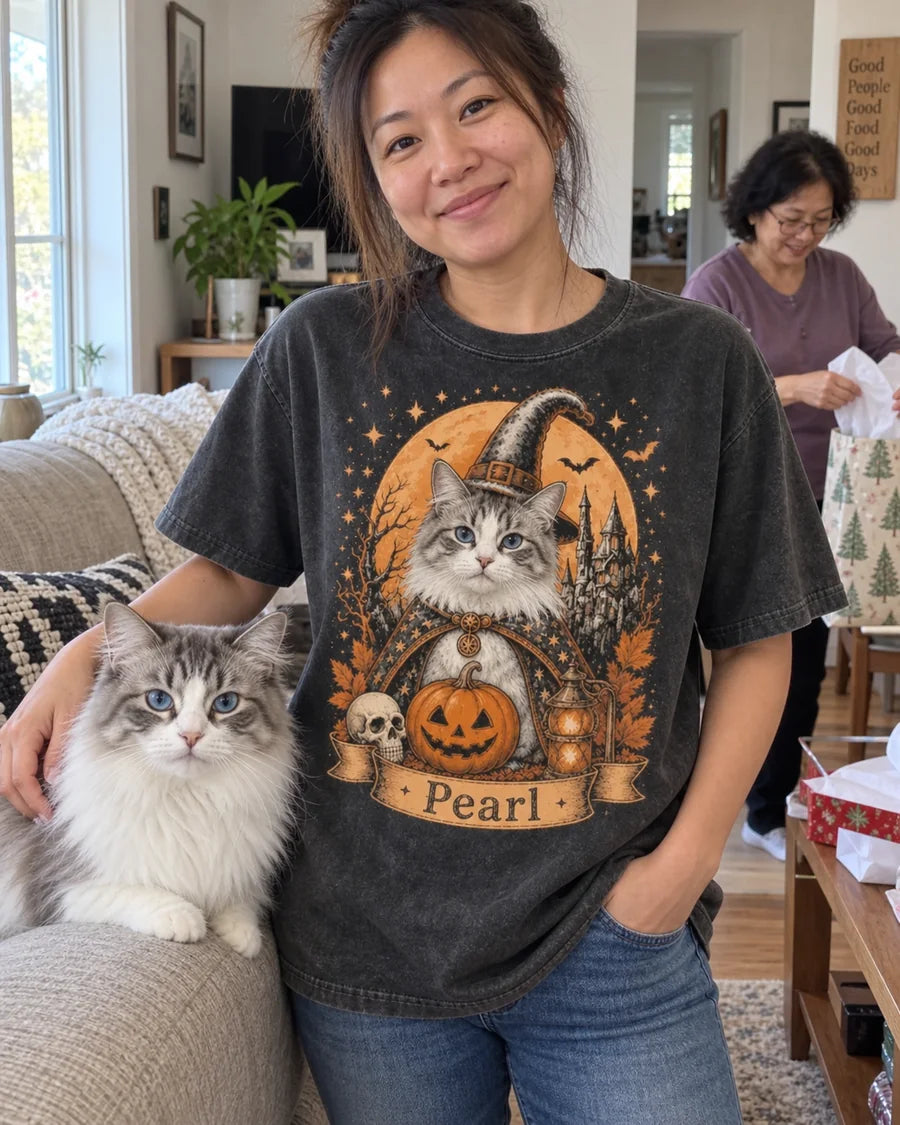 Witch tee personalized with white-and-grey long-haired cat with blue eyes, ribbon name Pearl