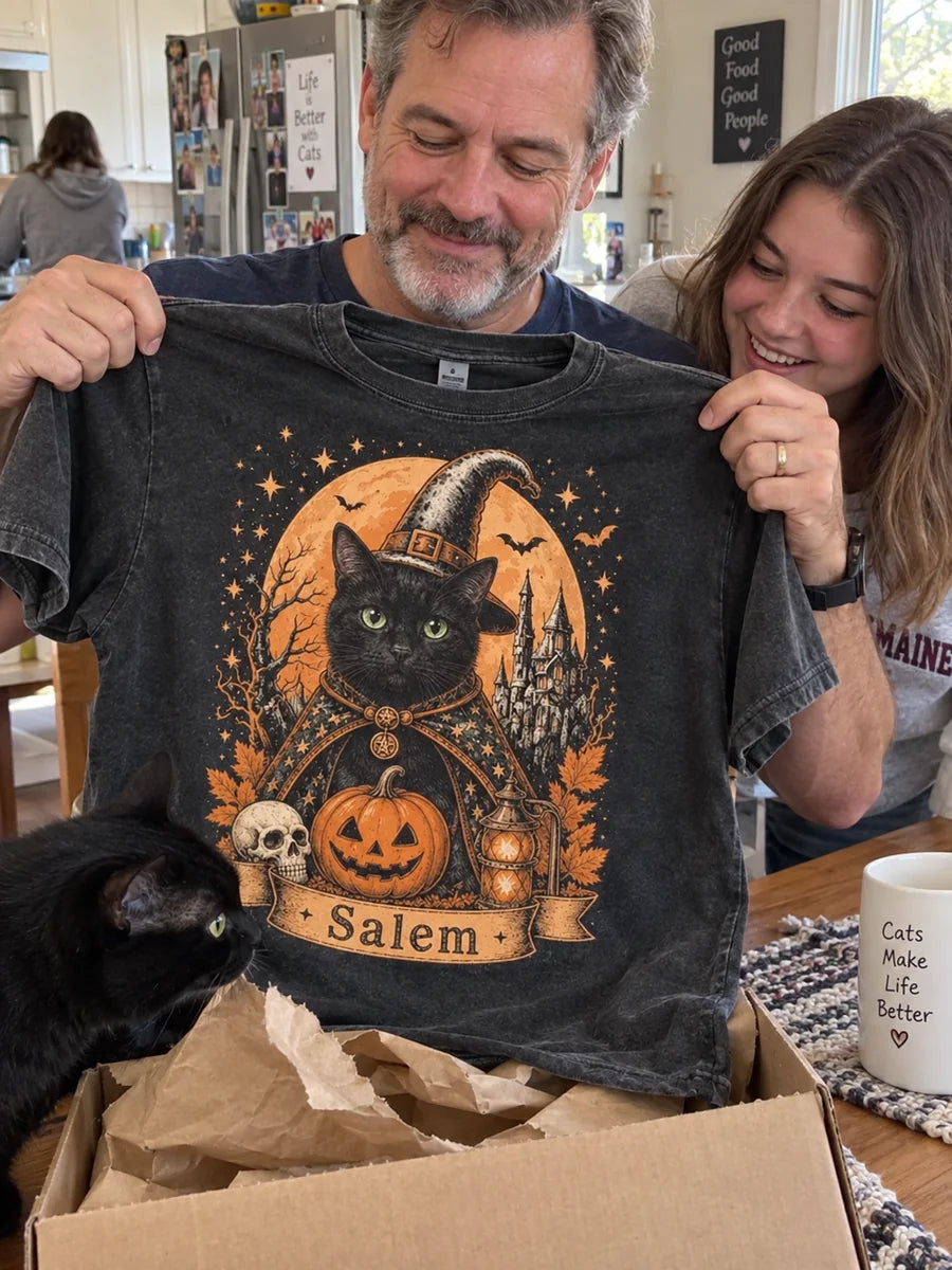 Witch tee personalized with solid black cat with green eyes, ribbon name Salem