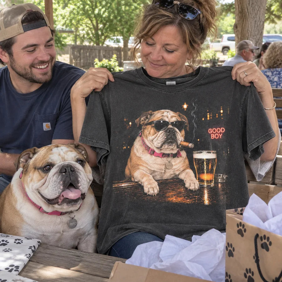 Party design personalized with a stocky white-and-fawn English bulldog with folded ears and wrinkled muzzle