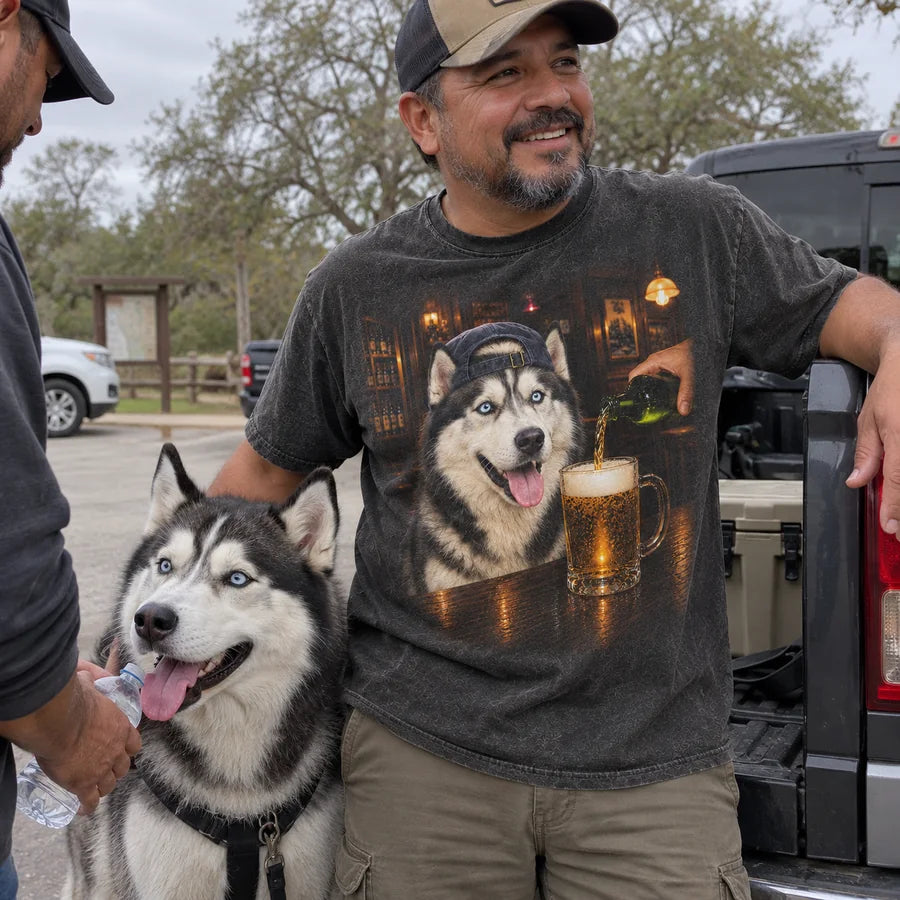 Pub design personalized with a Siberian husky with distinct black-white face and blue eyes